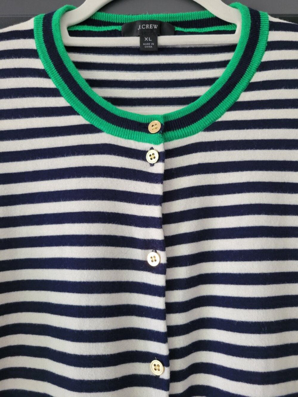 J. Crew Navy and White Striped Cardigan with Green Accents and gold buttons - Picture 3 of 8